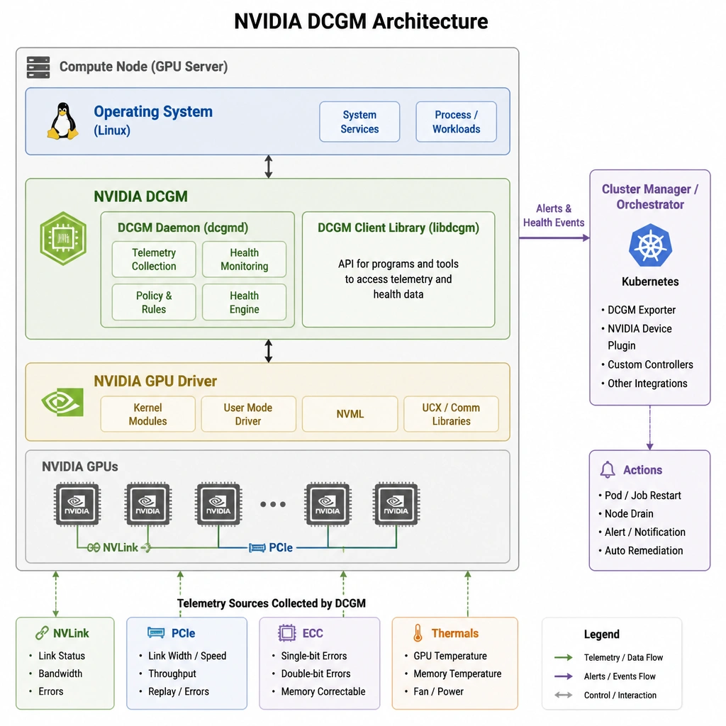 A diagram highlighting the NVIDIA DCGM architecture running alongside the OS and GPU driver, collecting telemetry (NVLink, PCIe, ECC, thermals) and routing alerts to a cluster manager like Kubernetes.