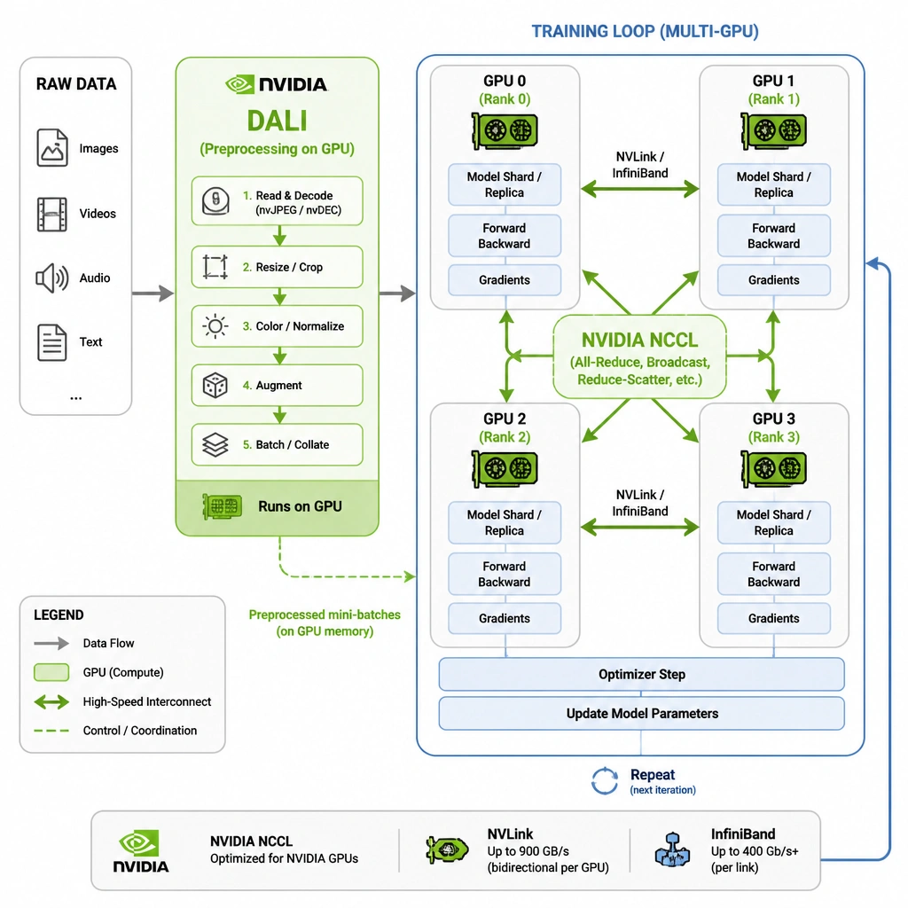 A pipeline diagram showing raw data entering NVIDIA DALI for preprocessing on the GPU, then entering the training loop where multiple GPUs are synchronized using NVIDIA NCCL over NVLink/InfiniBand.