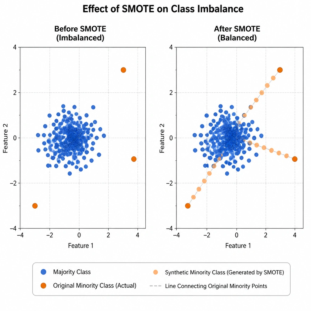 A scatter plot illustrating class imbalance before and after SMOTE. The "before" plot shows a dense cluster of majority class points and very few minority class points. The "after" plot shows synthetic minority class points generated along lines connecting the original minority points, balancing the classes.