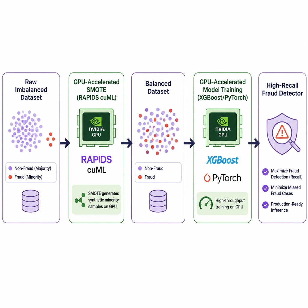 A pipeline workflow diagram: Raw Imbalanced Dataset -> GPU-Accelerated SMOTE (RAPIDS cuML) -> Balanced Dataset -> GPU-Accelerated Model Training (XGBoost/PyTorch) -> High-Recall Fraud Detector.