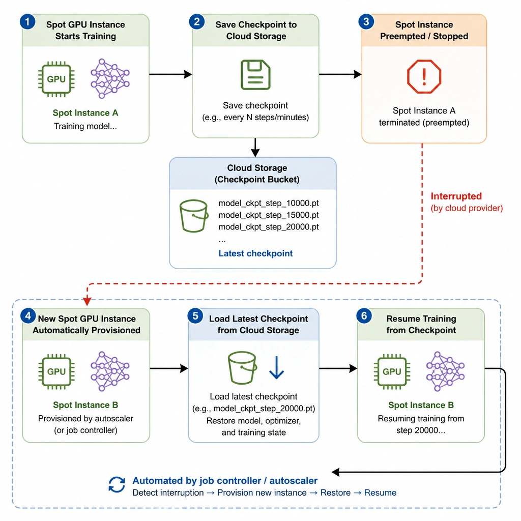 A flowchart diagram showing a Spot GPU instance training a model, saving checkpoints to cloud storage, being preempted/stopped, a new Spot instance automatically provisioning, loading the checkpoint, and resuming training.