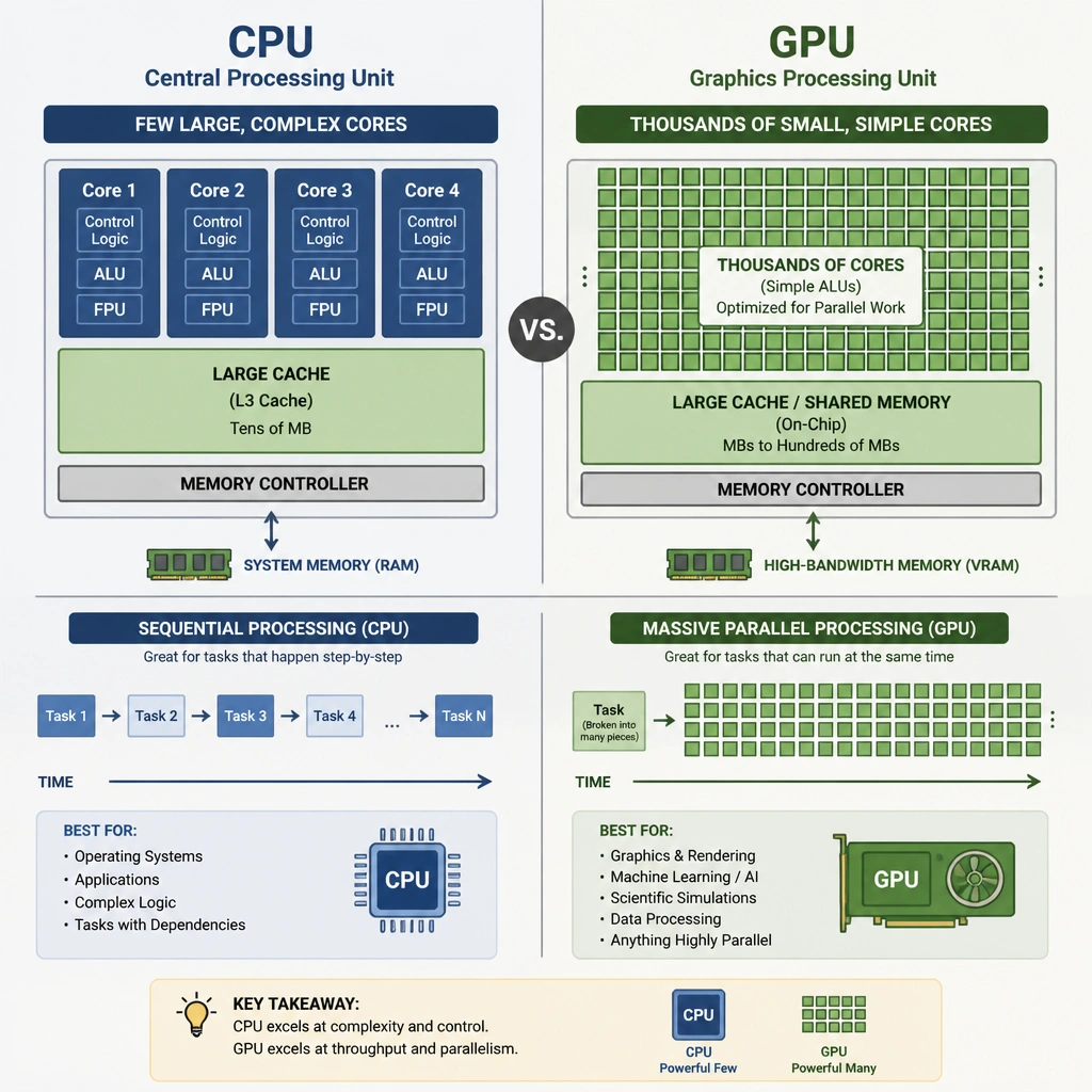 Architectural comparison diagram showing a CPU with a few large, complex cores and a large cache next to a GPU with thousands of small, simple cores, illustrating sequential processing vs. massive parallel processing.