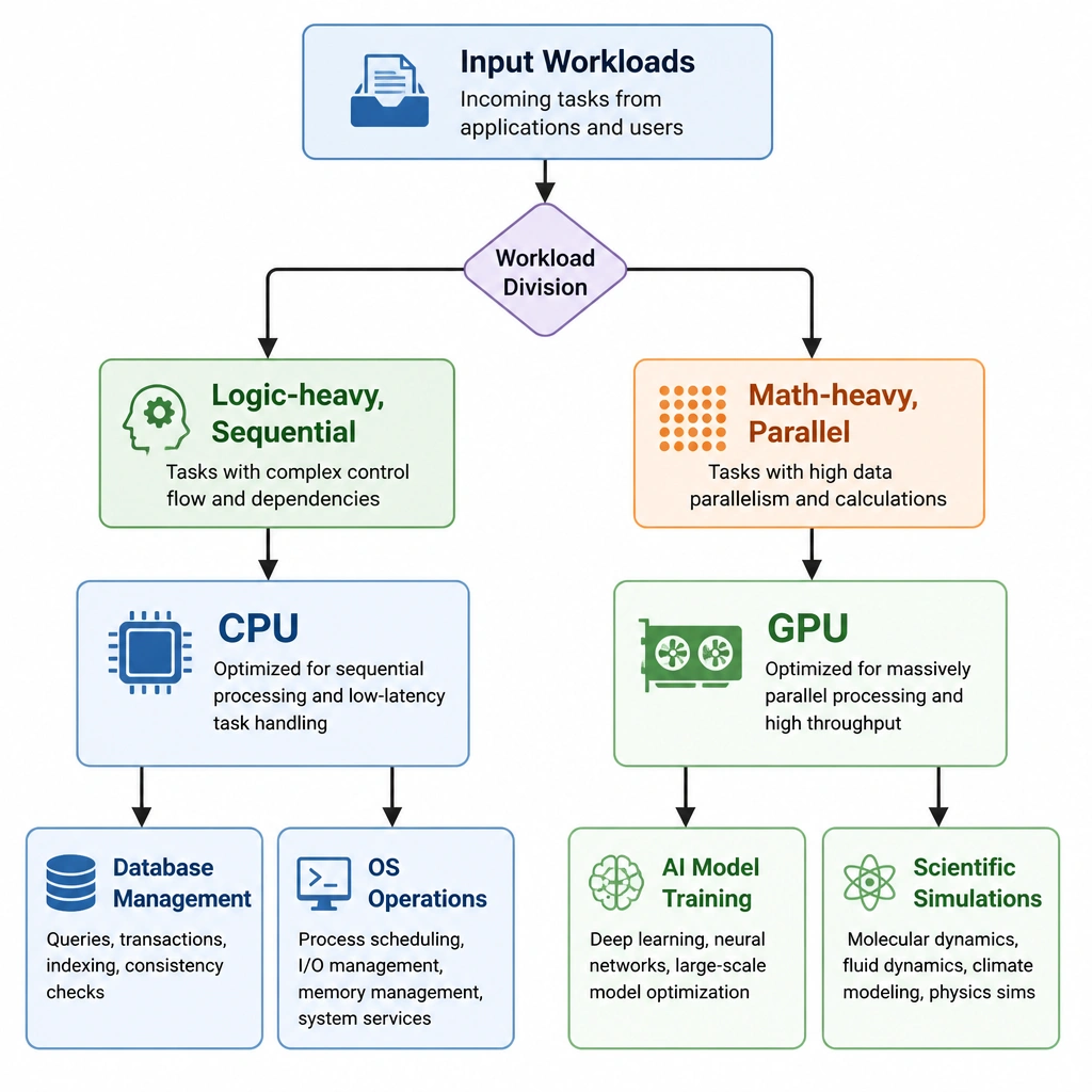 A flowchart showing workload division: input workloads split into "Logic-heavy, Sequential" (routing to CPU for Database Management and OS operations) and "Math-heavy, Parallel" (routing to GPU for AI Model Training and Scientific Simulations).