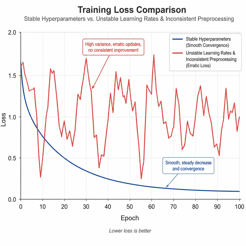 A dual-panel graph. Panel 1 shows a loss curve with wild oscillations due to a high/fluctuating learning rate overshooting local minima. Panel 2 shows a similar unstable curve caused by inconsistent data preprocessing, illustrating how input variance prevents gradient descent from reaching a steady state.