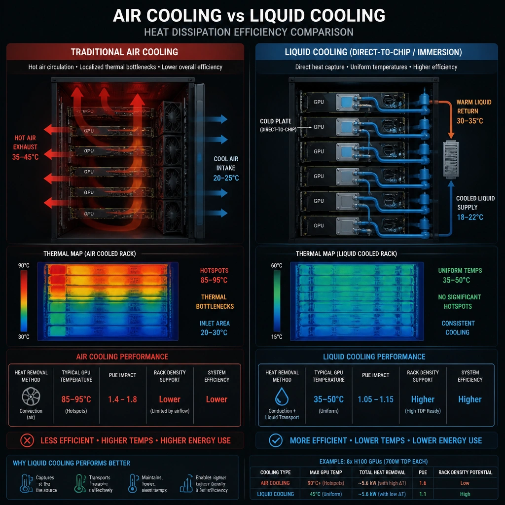The comparison of heat dissipation efficiency between traditional air cooling (showing hot air circulation and localized thermal bottlenecks in high-density GPU racks) and liquid cooling (showing direct-to-chip cold plates or immersion loops transporting thermal energy away from high-TDP GPU nodes).