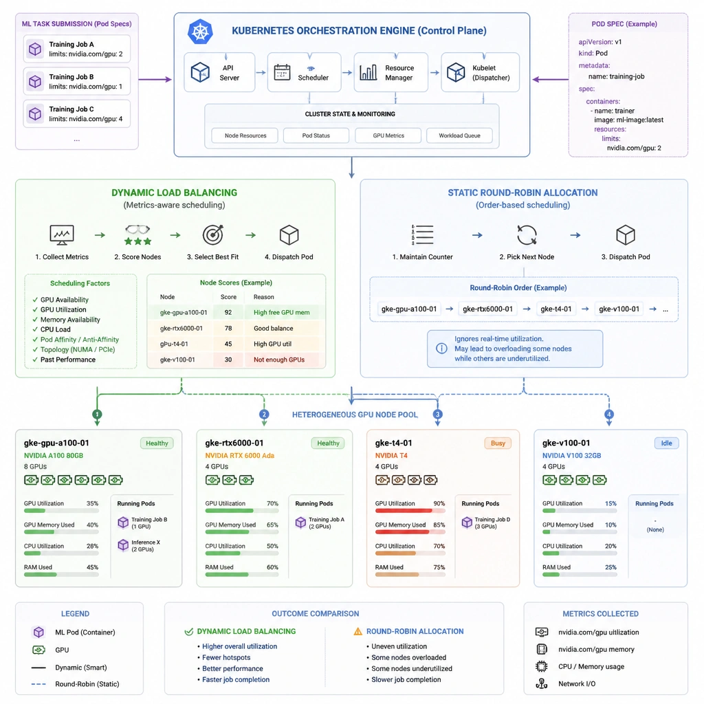 The operational flow of a Kubernetes orchestration engine dispatching containerized machine learning tasks (with specific GPU resource limits) to a cluster of heterogeneous GPU nodes, highlighting dynamic load balancing versus static round-robin resource allocation.