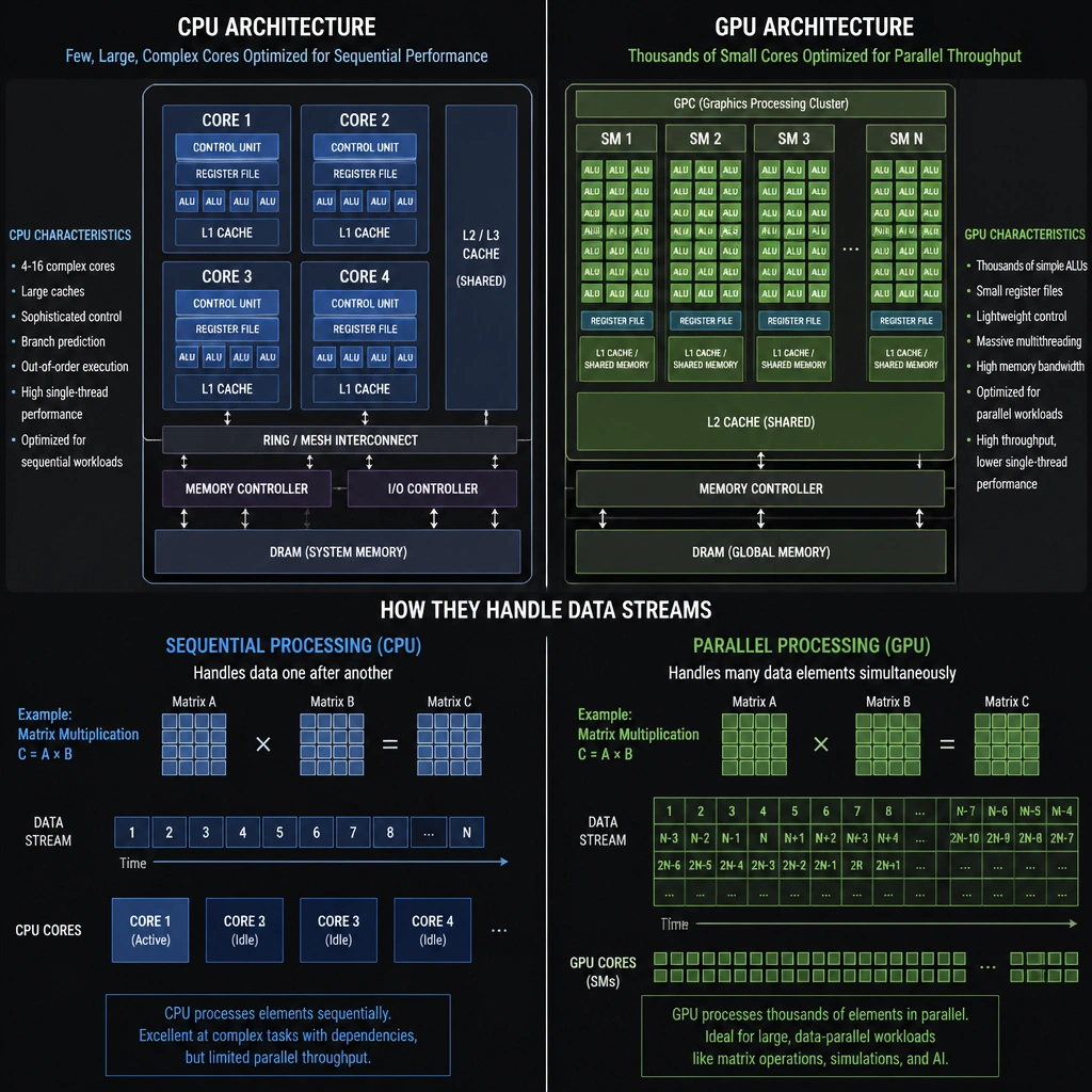 The structural architectural comparison between a CPU (showing a few large, complex cores with large cache and control blocks) and a GPU (showing a grid of thousands of small ALU cores designed for parallel computing), highlighting how they handle sequential versus parallel matrix data streams.