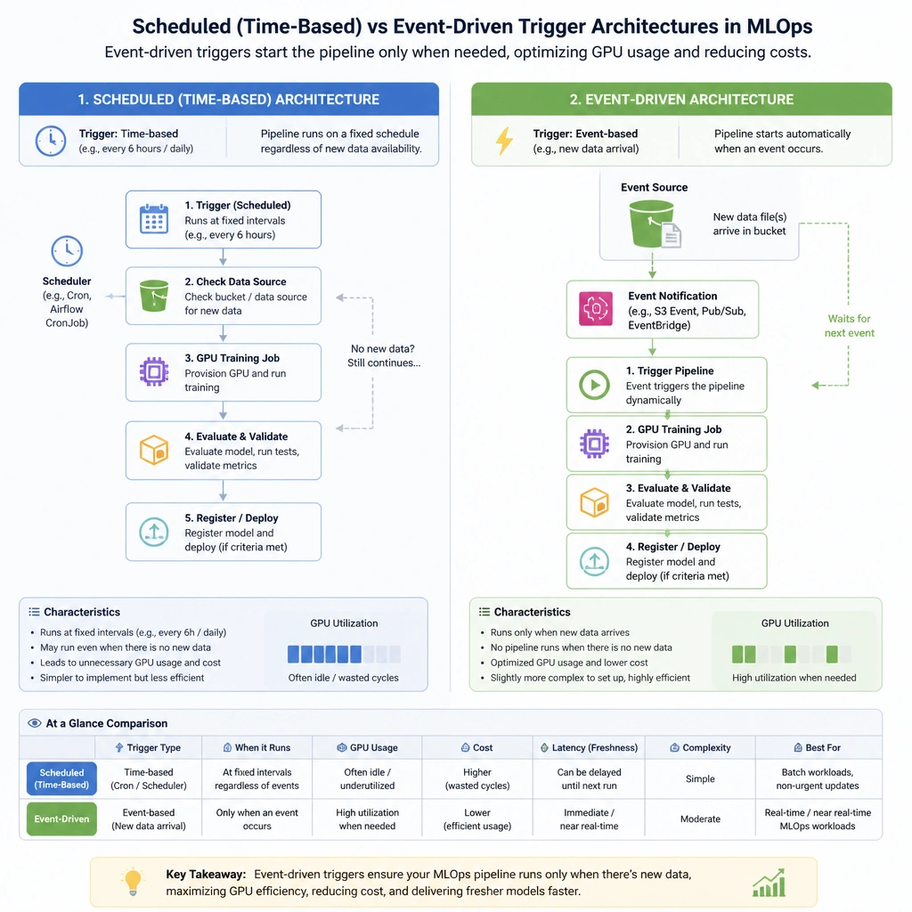 The comparison between scheduled (time-based) and event-driven trigger architectures in an MLOps pipeline, showing how an event-trigger (like a new data arrival in a bucket) initiates the pipeline dynamically, optimizing GPU resources.