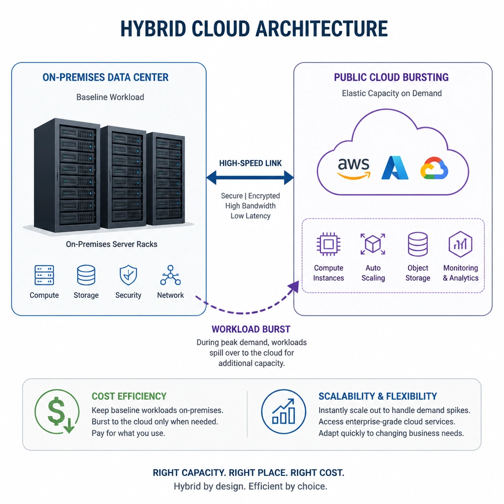 A block diagram showing a hybrid cloud architecture. On-premises server racks (labeled Baseline Workload) are connected via a high-speed link to a cloud environment (labeled Public Cloud Bursting). An arrow shows workloads spilling over into the cloud during peak demand spikes, illustrating cost efficiency and scalability.