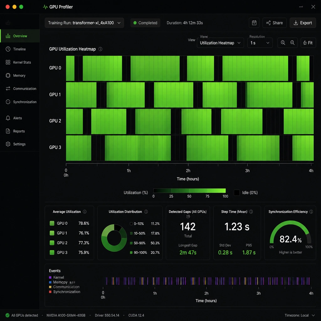 A mockup of a GPU profiling dashboard. The main window displays a heatmap with GPU 0, GPU 1, GPU 2, and GPU 3 on the Y-axis and Time (0 to 4 hours) on the X-axis. Bright green blocks represent high utilization, while black gaps indicate periods of idle time, highlighting synchronization gaps.