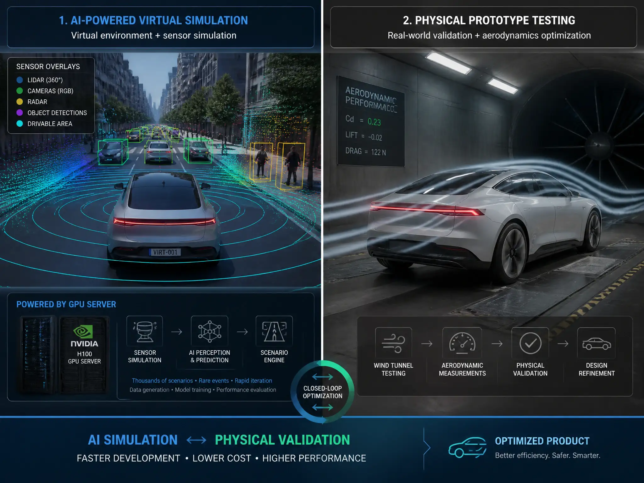 A split diagram illustrating: (1) a virtual simulation of a car driving through an urban environment with simulated sensor overlays (LIDAR, cameras) powered by a GPU server, and (2) a physical car prototype in a wind tunnel, showing the direct connection between AI simulation and physical product design optimization.