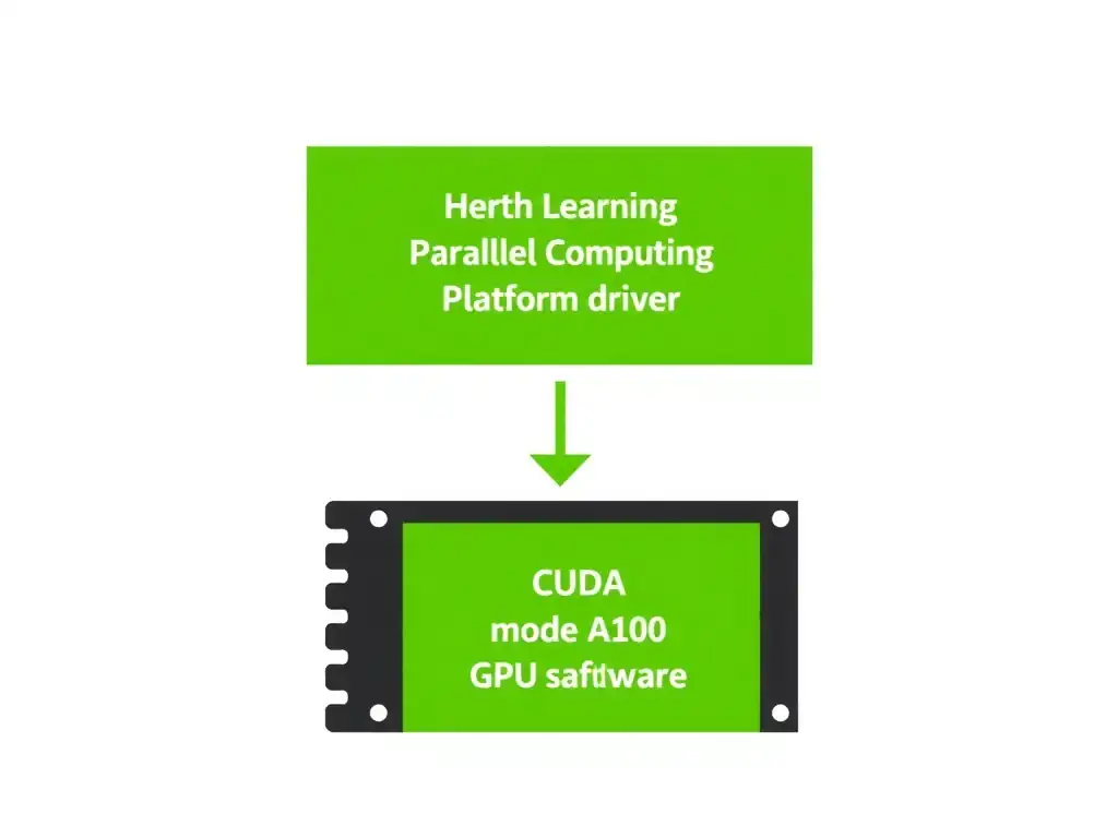 A hardware-to-software stack diagram: at the bottom layer is the NVIDIA A100 GPU hardware; the middle layer is the CUDA Parallel Computing Platform driver; the top layer is the PyTorch deep learning framework executing model training operations.