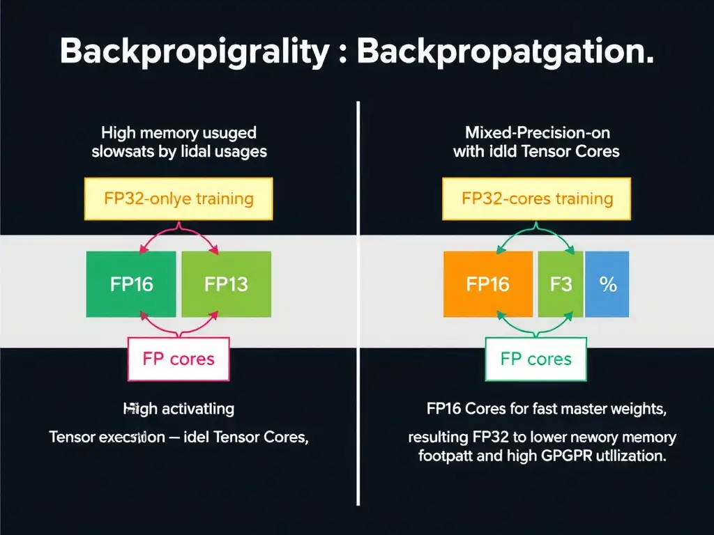 A comparison diagram showing the flow of data through GPU cores during backpropagation under two scenarios: FP32-only training (showing high memory usage, slower execution, and idle Tensor Cores) versus Mixed-Precision training (showing FP16 activations utilizing Tensor Cores for fast matrix math, alongside FP32 master weights, resulting in lower memory footprint and high GPU utilization).