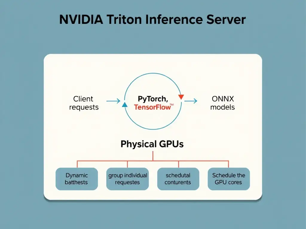 An architecture diagram of NVIDIA Triton Inference Server sitting in the middle of client requests (sending HTTP/gRPC requests) and physical GPUs. The server is shown accepting PyTorch, TensorFlow, and ONNX models, applying dynamic batching to group individual requests, and scheduling them concurrently onto the GPU cores.