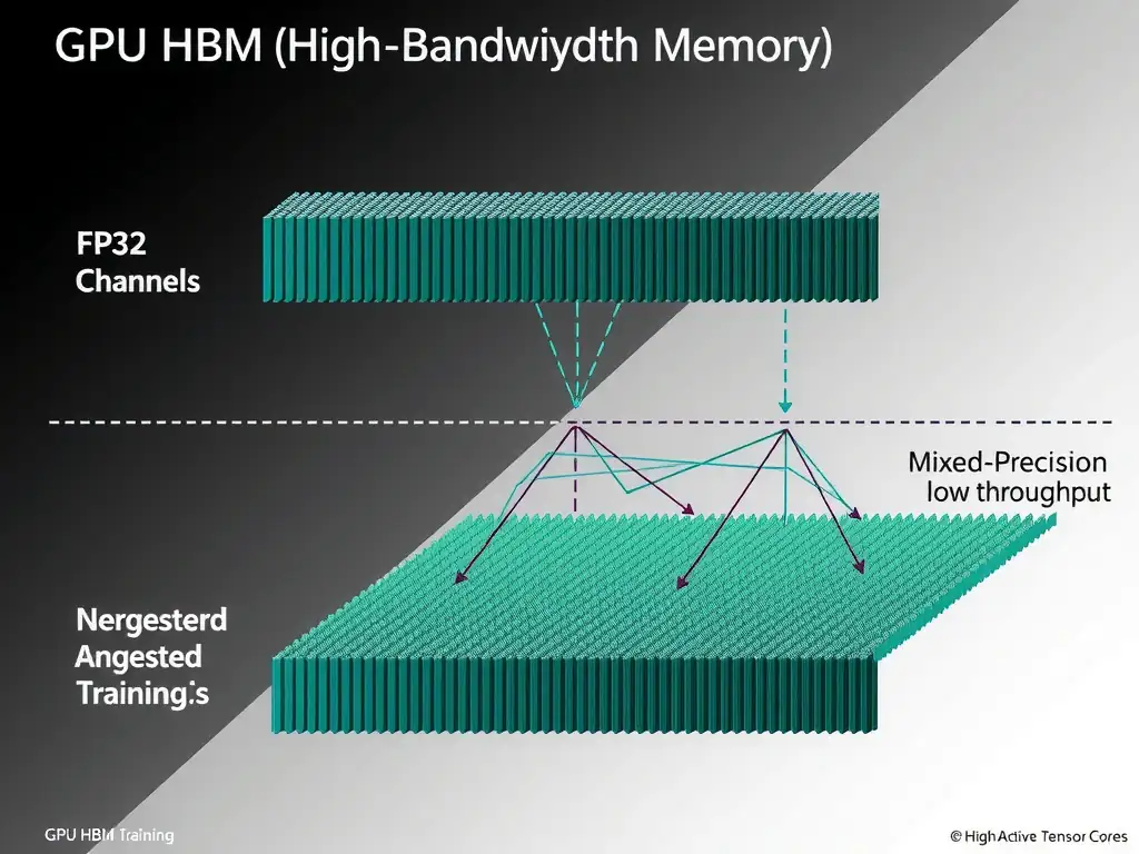 A conceptual diagram showing GPU HBM (High Bandwidth Memory) feeding data to Tensor Cores. The top half illustrates FP32 training (thick data channels, congested flow, idle Tensor Cores, low throughput). The bottom half illustrates Mixed-Precision training (narrower data channels, smooth high-speed flow, fully active Tensor Cores, high throughput).