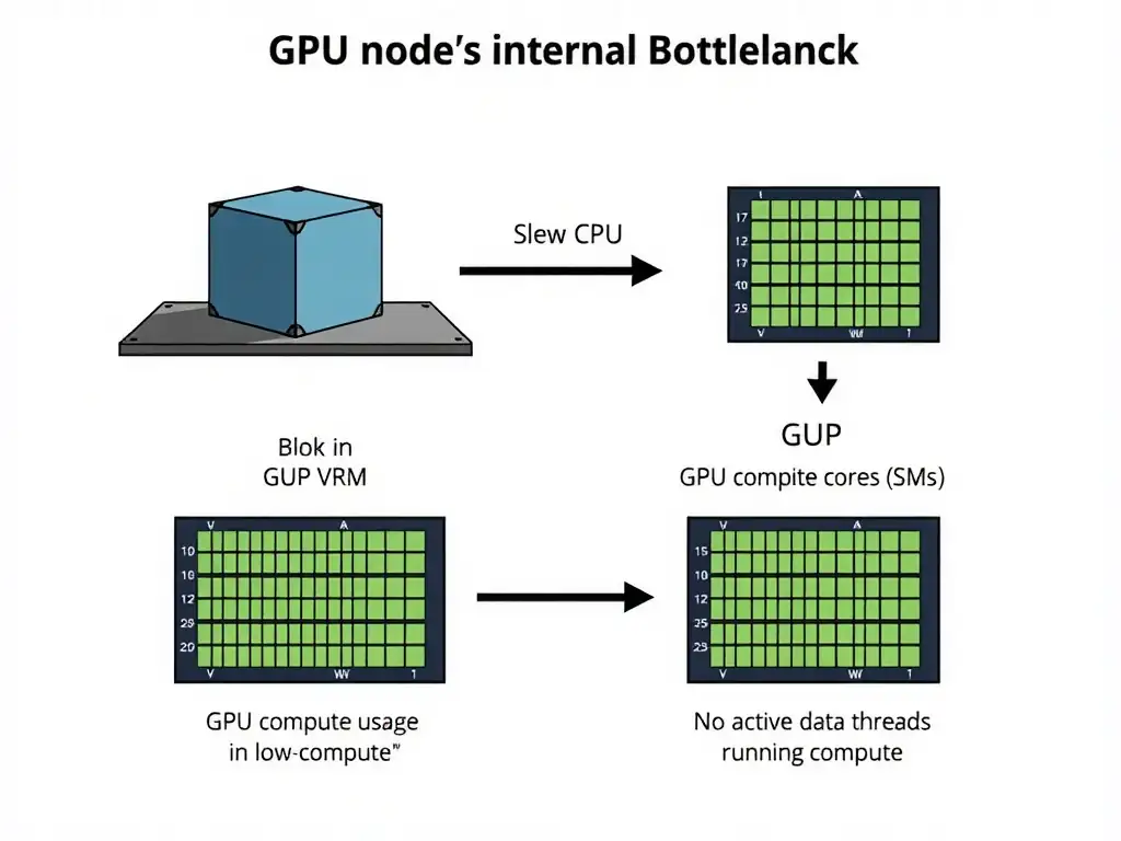 A diagram illustrating a GPU node's internal bottleneck. It shows a large block of data sitting statically in GPU VRAM (representing high memory usage), while the GPU compute cores (SMs) are shown with no active data threads running on them (representing low compute). An arrow points from a slow CPU data-loader block, highlighting it as the cause.