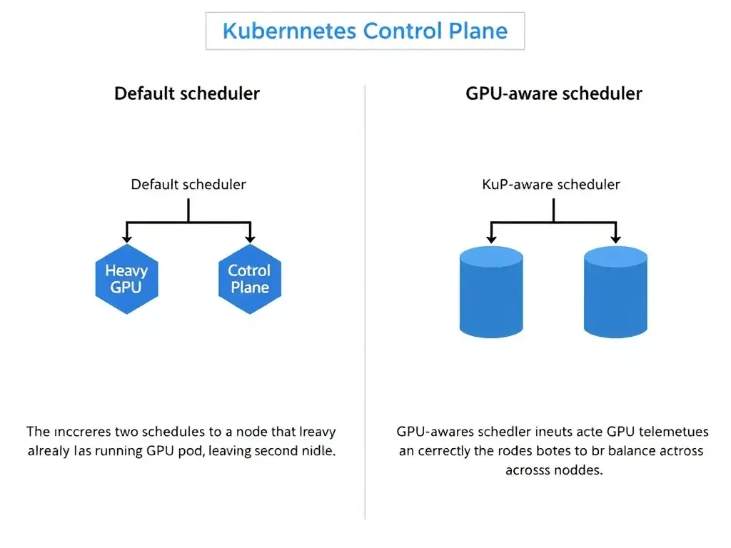 A diagram of a Kubernetes control plane scheduling pods. On one side, the default scheduler incorrectly routes two heavy GPU pods to a node that already has a running GPU pod, leaving a second node idle. On the other side, the GPU-aware scheduler inspects GPU telemetry and correctly routes the pods to balance the workload across both nodes.