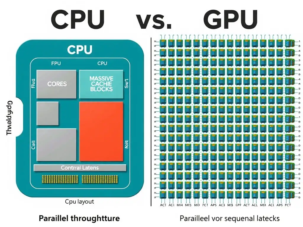 A side-by-side hardware architecture diagram showing a CPU layout versus a GPU layout. The CPU side has a few large cores, massive cache blocks, and complex control logic. The GPU side is covered in a dense grid of thousands of tiny ALU cores with minimal control logic and small cache blocks, illustrating parallel throughput versus sequential latency focus.