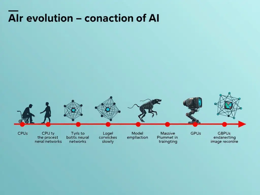 A historical timeline diagram showing the evolution of AI. The early phase shows CPUs trying to process neural networks slowly (bottlenecked, long timelines). The breakthrough point is marked by the introduction of GPUs, showing a massive jump in model complexity and a plummet in training times, enabling modern image recognition.