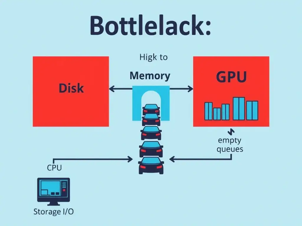 A bottleneck diagram showing the flow of data from disk storage to CPU memory, then to the GPU. The connection from disk to CPU memory is depicted as a narrow bottleneck with high traffic jams (representing high storage I/O), while the GPU is shown with empty queues and low activity due to data starvation.