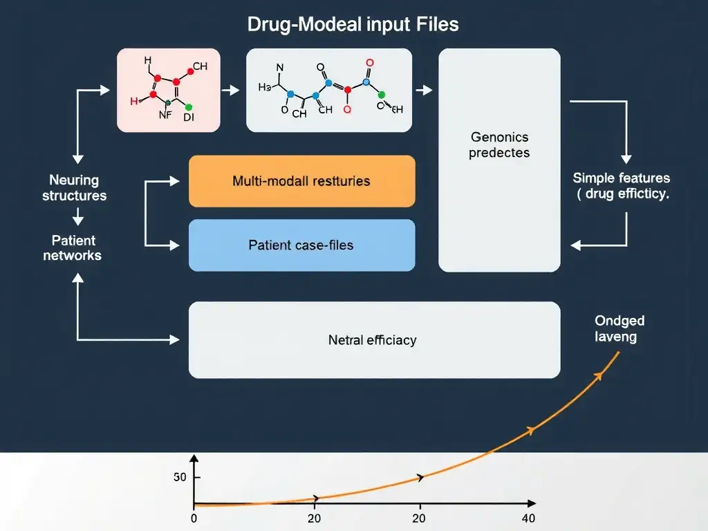 A conceptual flowchart showing multi-modal input data (chemical structures, genomics, patient case files) feeding into a neural network with multiple hidden layers. The layers are shown extracting features step-by-step to produce a final prediction of drug efficacy, contrasting this with a simple linear regression line that fails to capture the complexity.