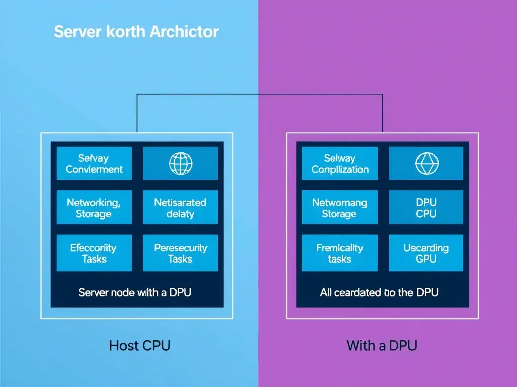 A block diagram of a server node architecture. On one side, a node without a DPU shows the host CPU overwhelmed with networking, storage, and security tasks, causing a delay in feeding the GPU. On the other side, a node with a DPU shows those network, storage, and security tasks offloaded to the DPU, allowing the CPU to efficiently coordinate data flow to the GPU.