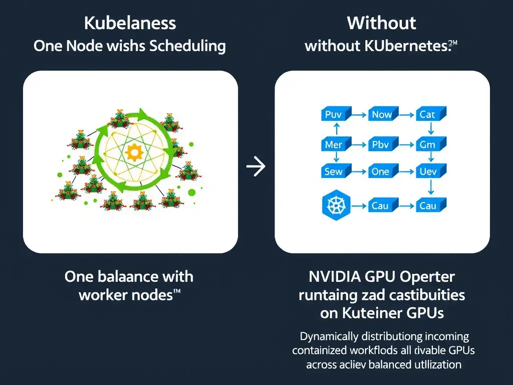 A diagram illustrating Kubernetes scheduling with and without the NVIDIA GPU Operator. On one side, show unbalanced worker nodes (one node overloaded with pods, another node with idle GPUs). On the other side, show the NVIDIA GPU Operator running on Kubernetes, dynamically distributing incoming containerized workloads across all available GPUs to achieve balanced utilization.