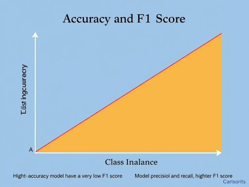 A conceptual graph or chart comparing Accuracy and F1 Score in the context of class imbalance. The visual should illustrate a highly imbalanced dataset (e.g., 90% Class A, 10% Class B) and show how a high-accuracy model can have a very low F1 score, while a model with a balanced precision and recall has a higher F1 score.