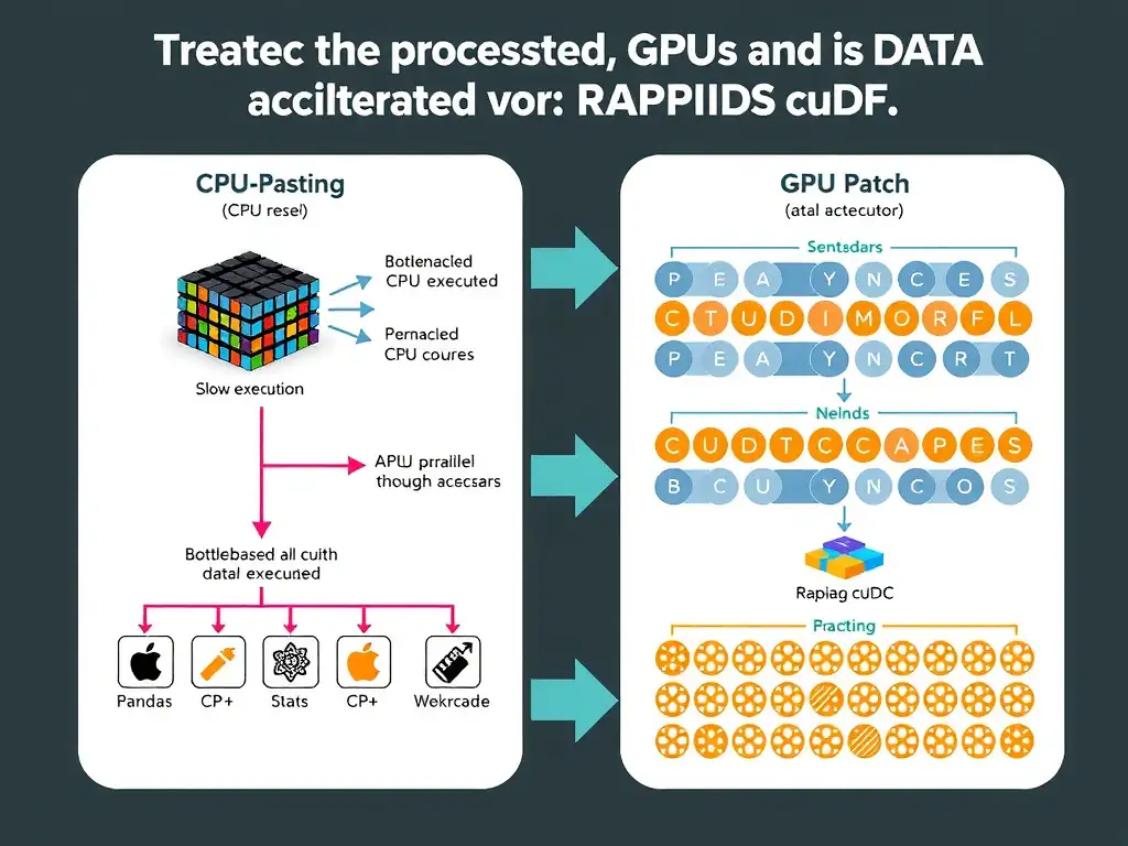 A workflow diagram comparing CPU-based data processing (Pandas) with GPU-accelerated data processing (RAPIDS cuDF). The CPU path should show data moving through a bottlenecked CPU core, resulting in slow execution. The GPU path should show data utilizing the parallel architecture of RAPIDS cuDF across thousands of CUDA cores, leading to highly accelerated processing.