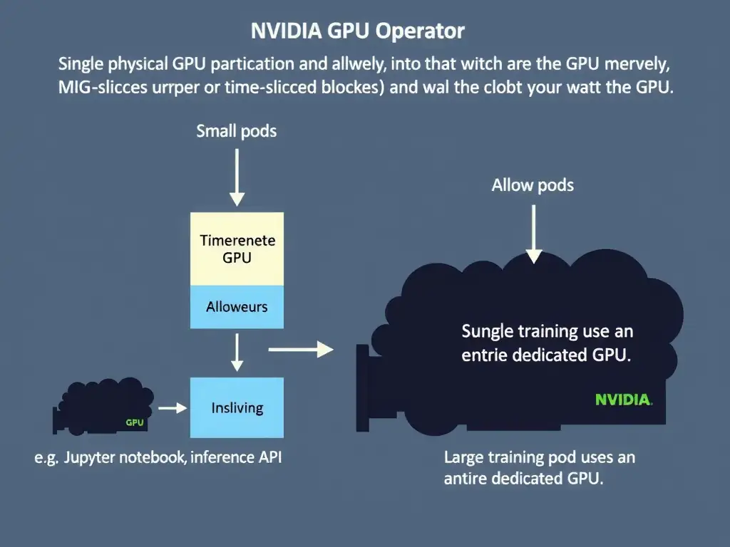 A conceptual diagram showing a single physical GPU partitioned into multiple logical instances (such as MIG slices or time-sliced blocks) managed by the NVIDIA GPU Operator in a Kubernetes cluster, allowing small pods (e.g., Jupyter notebook, inference API) to share the GPU, while a large training pod uses an entire dedicated GPU.