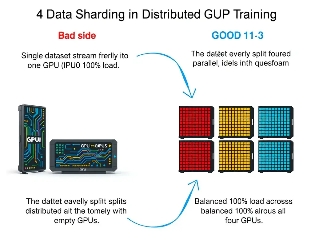 A visual illustrating the difference between bad and good data sharding in distributed GPU training. On the bad side, show a single dataset stream feeding entirely into one GPU (GPU 0 at 100% load), leaving GPUs 1-3 idle with empty queues. On the good side, show the dataset evenly split into four parallel shards, distributed simultaneously to all four GPUs, resulting in balanced 100% load across all units.