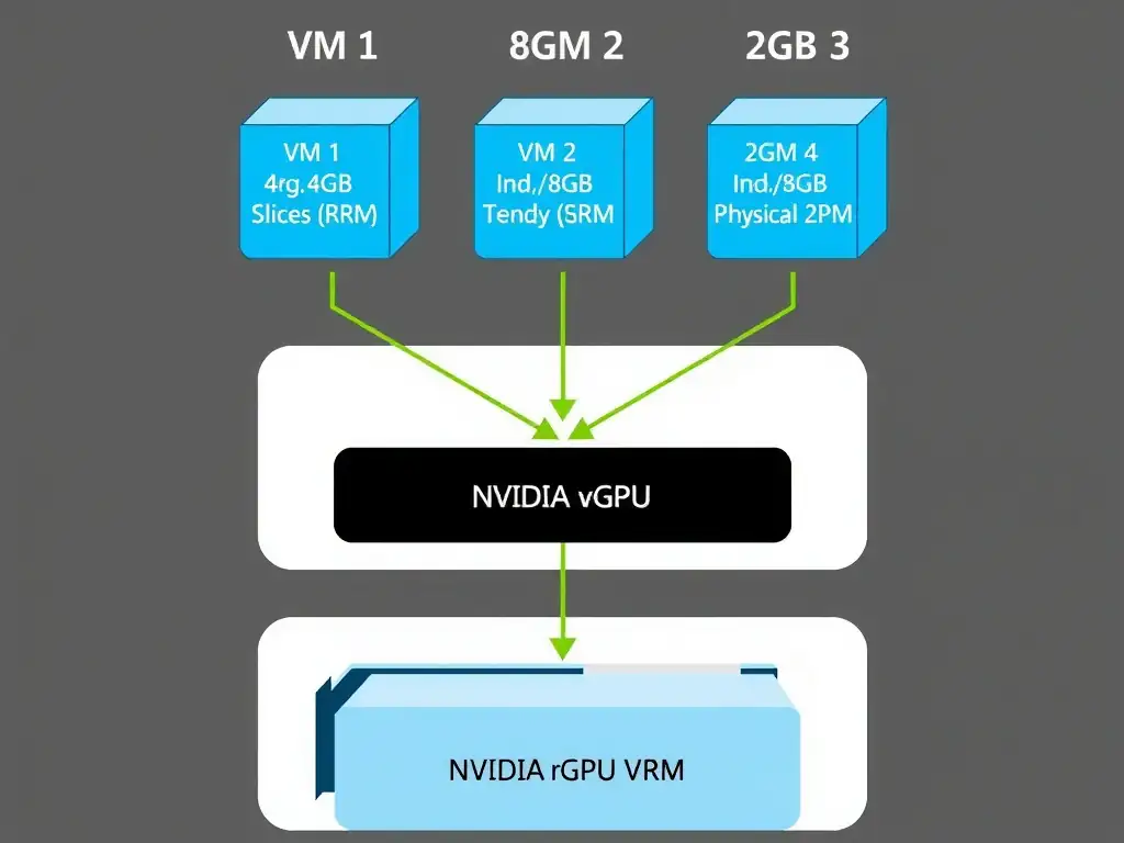 A schematic diagram showing a physical NVIDIA GPU at the base, with an NVIDIA vGPU software layer on top. Above this layer, show three virtual machines (VMs) accessing different sized virtual GPU slices (e.g., VM 1 with 4GB VRAM, VM 2 with 8GB VRAM, VM 3 with 2GB VRAM), demonstrating dynamic, isolated allocation of a single physical GPU.