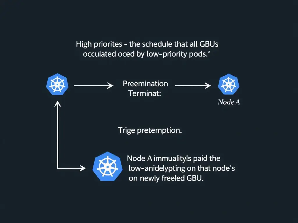 A sequence diagram showing a high-priority pod arriving at the Kubernetes scheduler. The scheduler detects that all GPUs are occupied by low-priority pods. The scheduler triggers preemption, terminating a low-priority pod on Node A and immediately deploying the high-priority pod on that node's newly freed GPU.