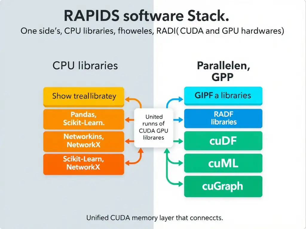 A conceptual diagram showing the RAPIDS software stack. On one side, show the traditional CPU libraries (Pandas, Scikit-Learn, NetworkX). On the parallel GPU side, show the corresponding RAPIDS libraries (cuDF, cuML, cuGraph) running on CUDA and GPU hardware, highlighting the unified CUDA memory layer that connects them.