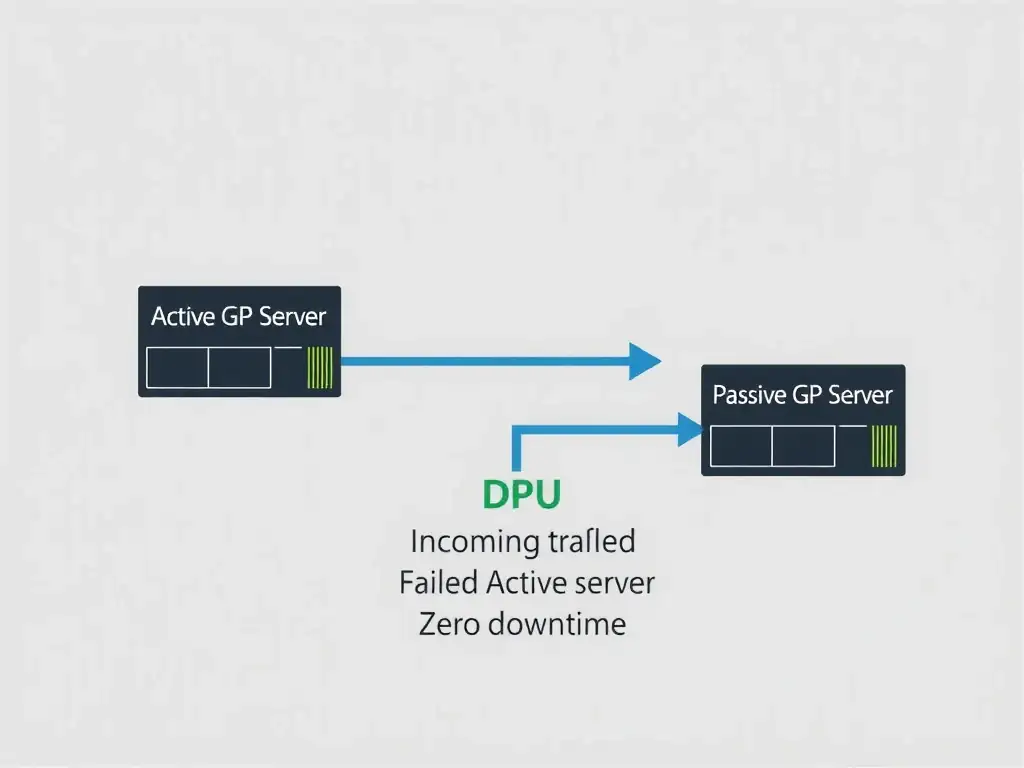 An architecture diagram of a high-availability AI data center node. Show an Active GPU Server and a Passive GPU Server, both connected to an external network through NVIDIA BlueField DPUs. Show an arrow representing incoming traffic being redirected by the DPU from the failed Active server to the Passive server, ensuring zero downtime.