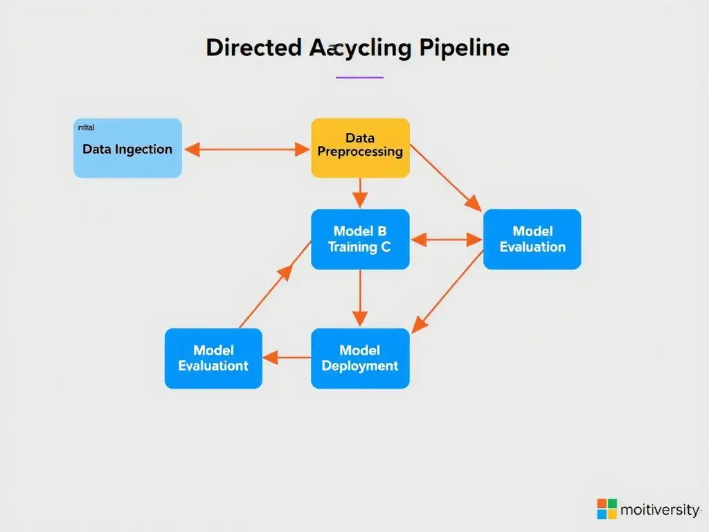 A visual flowchart of a Directed Acyclic Graph (DAG) for a machine learning pipeline. Show an initial 'Data Ingestion' node pointing to a 'Data Preprocessing' node. From the preprocessing node, show three parallel arrows pointing to three separate 'Model Training' nodes (Model A, Model B, Model C). These three training nodes then converge into a single 'Model Evaluation' node, which finally points to a 'Model Deployment' node.