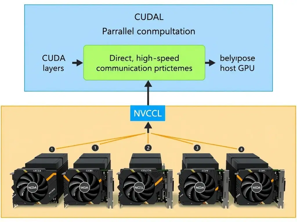 A conceptual architecture diagram showing a multi-node GPU cluster. The diagram should illustrate the software layer stack on a GPU node: hardware at the bottom, CUDA in the middle acting as the driver/platform layer, and NCCL sitting horizontally to connect GPUs across NVLink/networks for collective operations (AllReduce), with high-level deep learning workloads sitting on top.