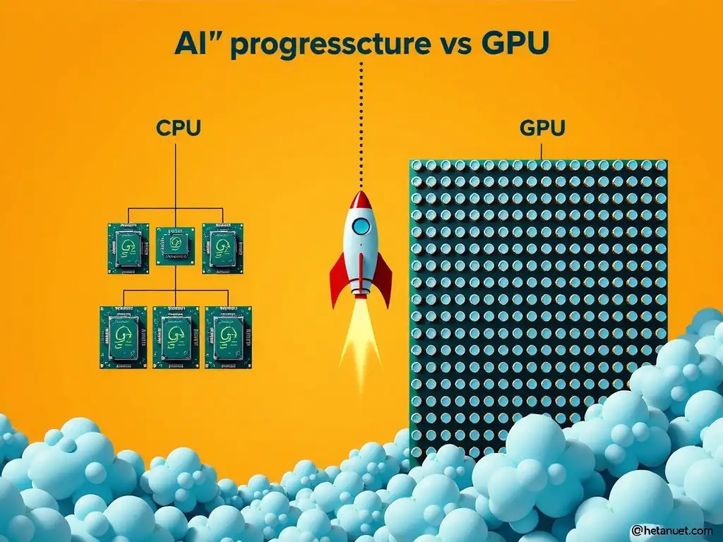 A comparison graphic illustrating CPU architecture versus GPU architecture. The CPU side should show a few complex cores handling tasks sequentially, while the GPU side shows a massive grid of thousands of smaller, simpler cores performing calculations simultaneously, leading to a rocket ship representing AI progress.