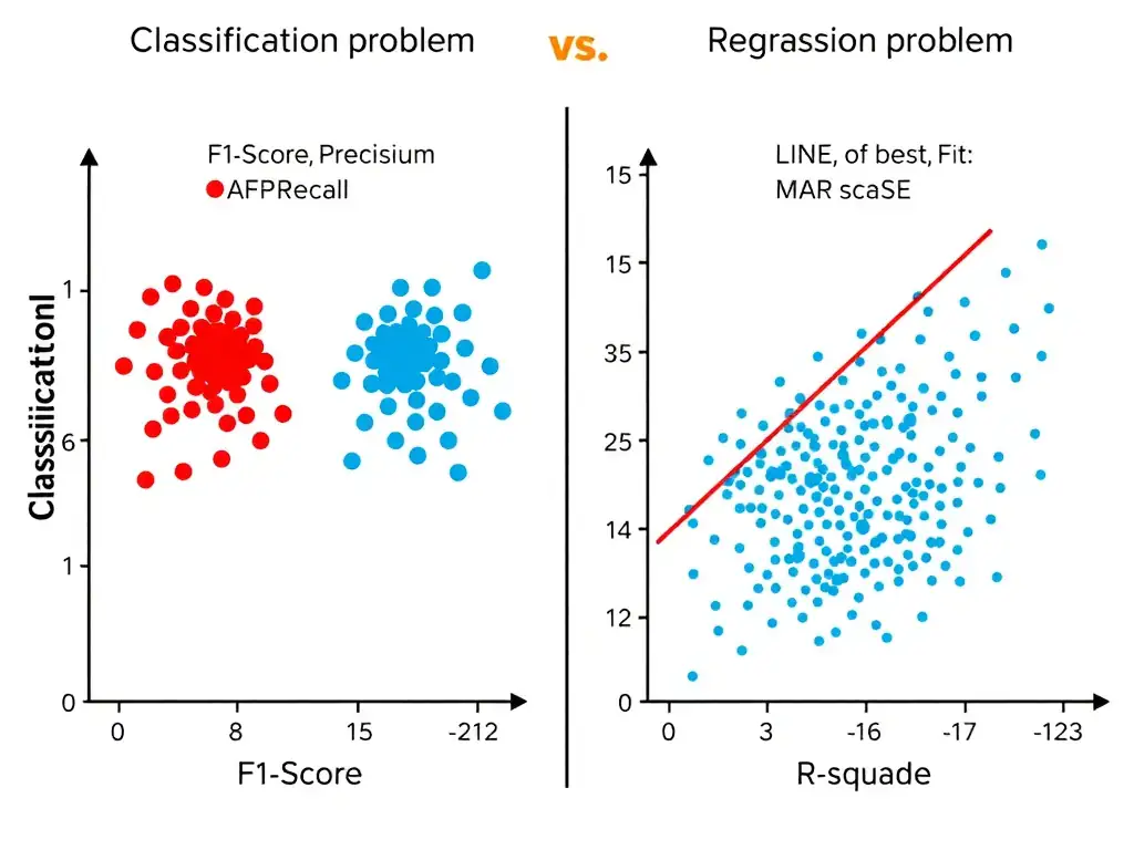 A scatter plot diagram comparing actual property values on the X-axis against predicted values on the Y-axis. A diagonal reference line represents perfect predictions. Dotted vertical lines show the distance (error) from each point to the diagonal line, representing the Mean Absolute Error (MAE), and an R-squared value is displayed in the corner showing the goodness-of-fit.