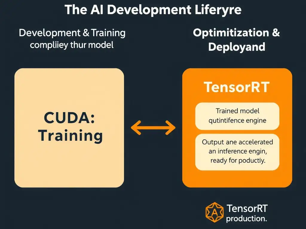 A horizontal flowchart representing the AI lifecycle: Model Development/Training on the left, leading into CUDA Toolkit (compilation/libraries), which flows into Model Optimization represented by TensorRT (quantization and layer fusion), and finally deploying to Production Inference on the right.