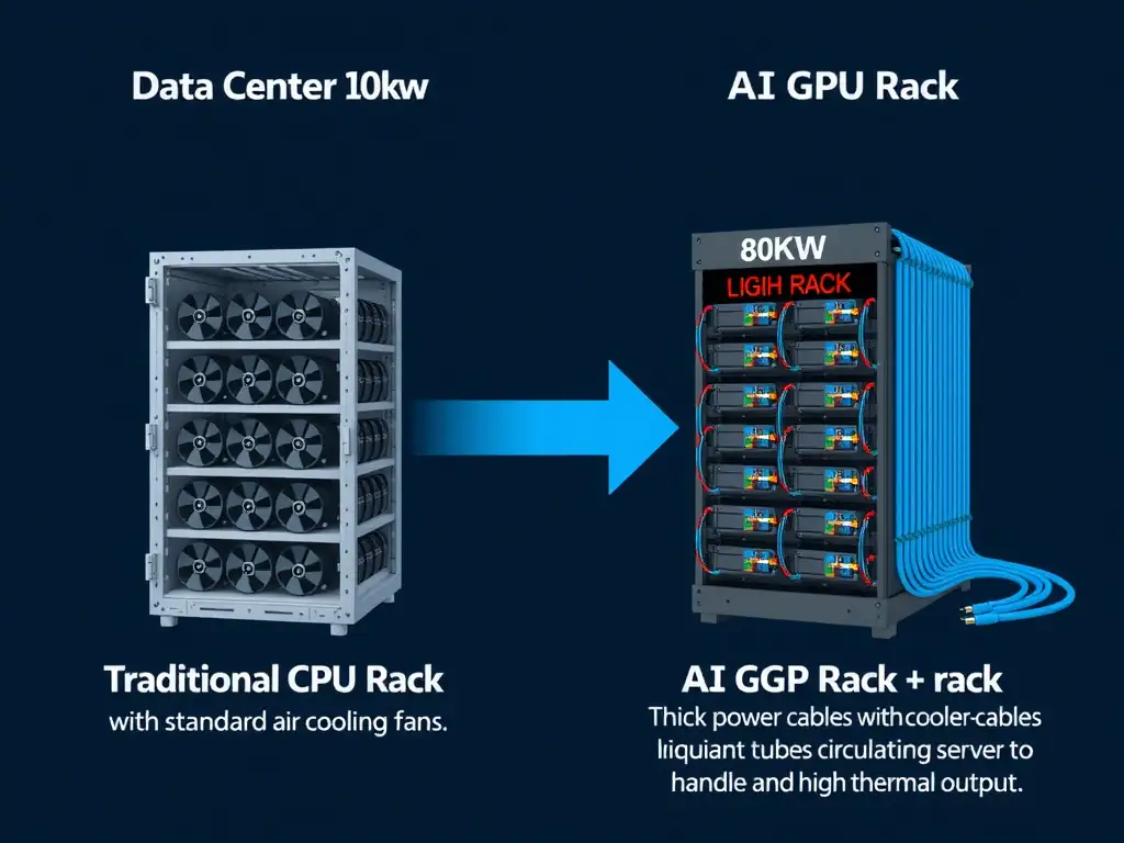 A comparison diagram of two data center racks. The left rack represents a 'Traditional CPU Rack' drawing 10kW, with standard air cooling fans. The right rack represents an 'AI GPU Rack' drawing 80kW, showing thick power cables feeding the rack and a liquid-cooling loop with coolant tubes circulating to the servers to handle high thermal output.