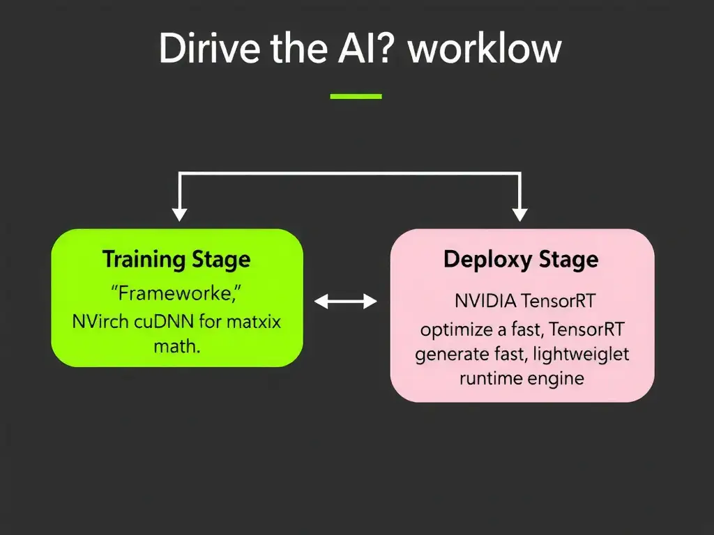 A flow diagram representing the AI model lifecycle. The first stage shows 'Model Training' utilizing cuDNN to accelerate neural network primitives on the GPU. The second stage shows the trained model passing through 'Model Optimization & Deployment' utilizing TensorRT to generate a high-speed inference engine.