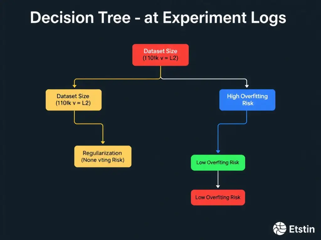 A visual flowchart representing a decision tree analysis of experiment logs. The root node splits on 'Dataset Size (<10k vs >10k)', leading to child nodes that split on 'Regularization (None vs L2)', and finally showing terminal leaf nodes colored red for 'High Overfitting Risk' or green for 'Low Overfitting Risk' based on these hyperparameter combinations.