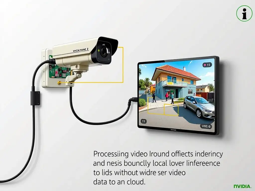 A conceptual diagram showing an edge AI setup. A security camera is wired directly to a small, compact NVIDIA Jetson module mounted on a wall. The Jetson module is processing the video frames locally to draw bounding boxes around objects, demonstrating local low-latency inference without sending video data to the cloud.