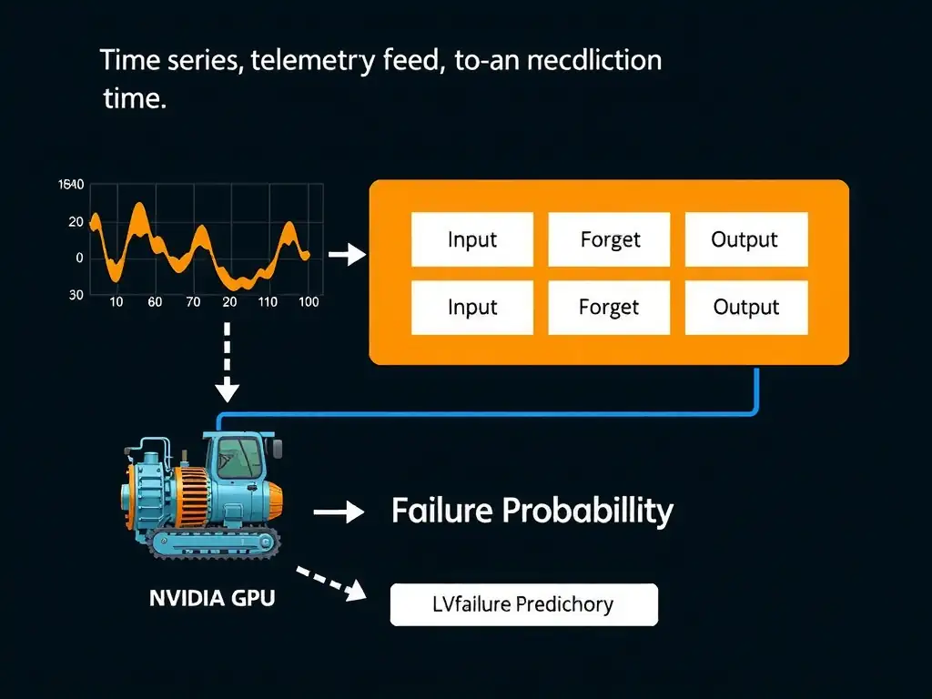 A diagram illustrating a time-series telemetry feed (vibration, temperature, RPM) from machinery flowing into an LSTM cell architecture (showing Input, Forget, and Output gates), which is processed inside an NVIDIA GPU to output a 'Failure Probability' prediction over time.