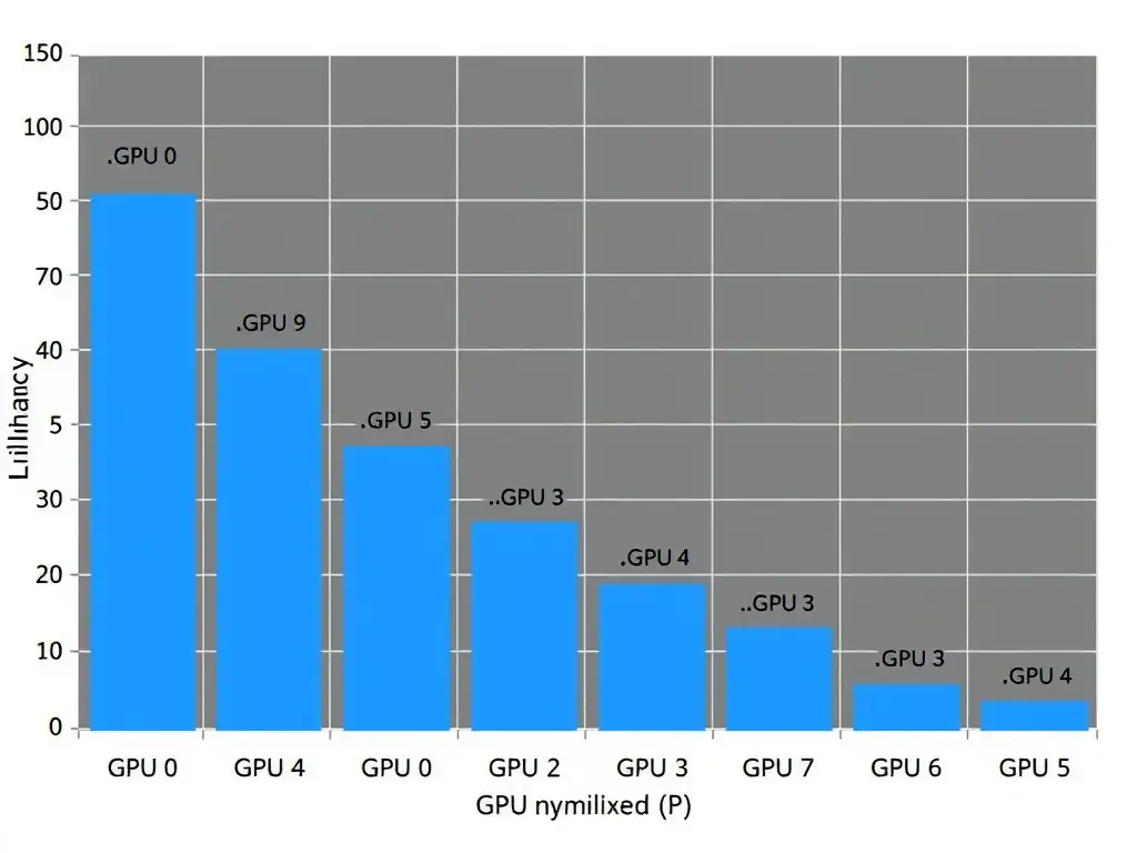 A side-by-side box plot comparison of eight GPUs (labeled GPU 0 through GPU 7). The y-axis represents latency in milliseconds. GPU 4 shows a highly stretched box and several outlier dots far above the upper whisker, indicating high variance and performance anomalies compared to the tight boxes of the other GPUs.