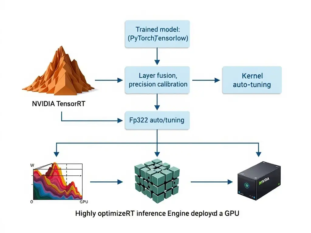 A flowchart diagram showing a trained model (PyTorch/TensorFlow) passing through NVIDIA TensorRT, where optimization steps like layer fusion, precision calibration (FP32 to FP16/INT8), and kernel auto-tuning are applied, resulting in a highly optimized TensorRT Inference Engine deployed on a GPU.