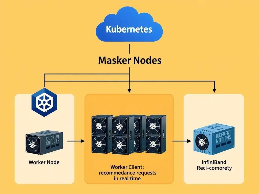 A system architecture diagram displaying a Kubernetes Master Node orchestrating worker nodes. Each worker node contains multiple GPUs interconnected by NVLink bridges, connected to other nodes via an InfiniBand switch network, handling incoming client recommendation requests in real time.