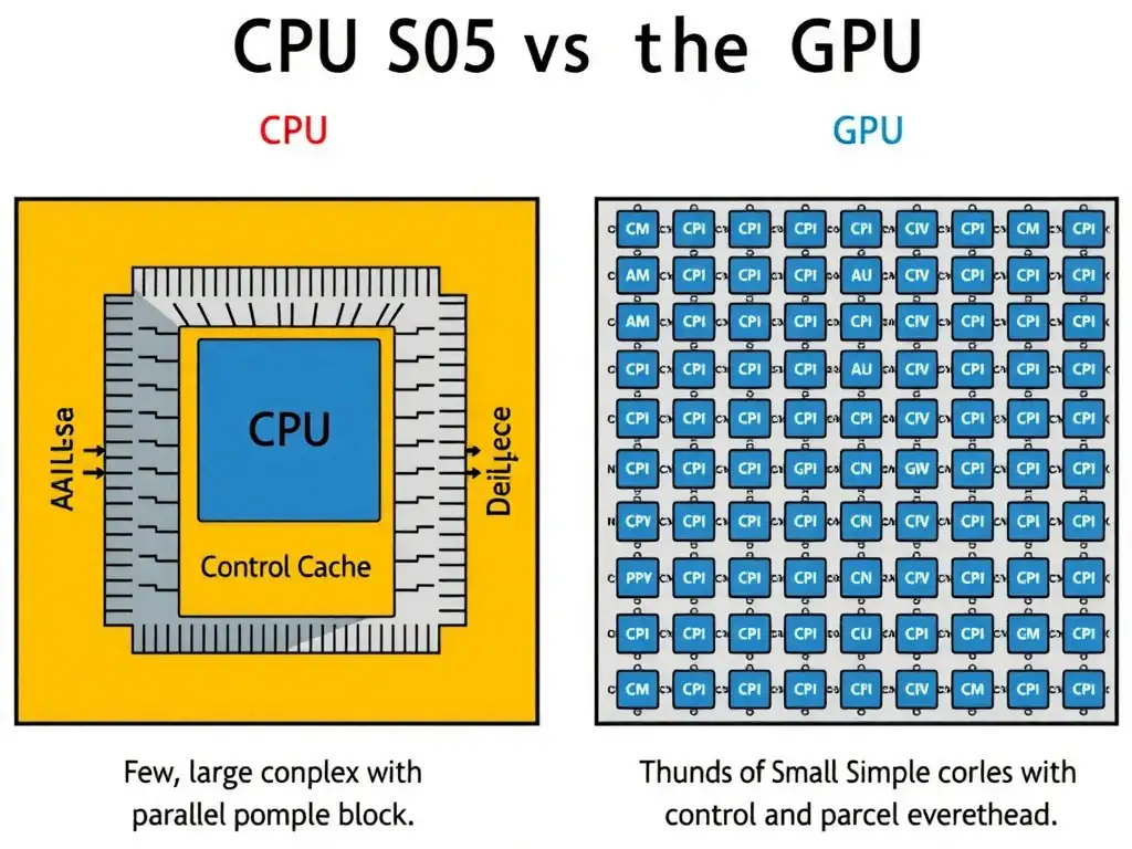 An architectural diagram comparing a CPU and a GPU. The CPU side shows a few large, complex cores with a large Control and Cache block. The GPU side shows a grid of hundreds of small, simple cores (ALUs) with minimal control and cache overhead, highlighting the difference between sequential and parallel design.