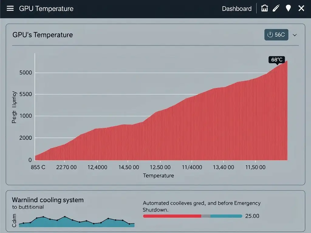 A monitoring dashboard graph showing a GPU's Temperature over time. The line starts at a stable 65°C, then rises sharply to 88°C, triggering a red 'Warning' threshold indicator and an automated cooling system alert before reaching the emergency shutdown limit.